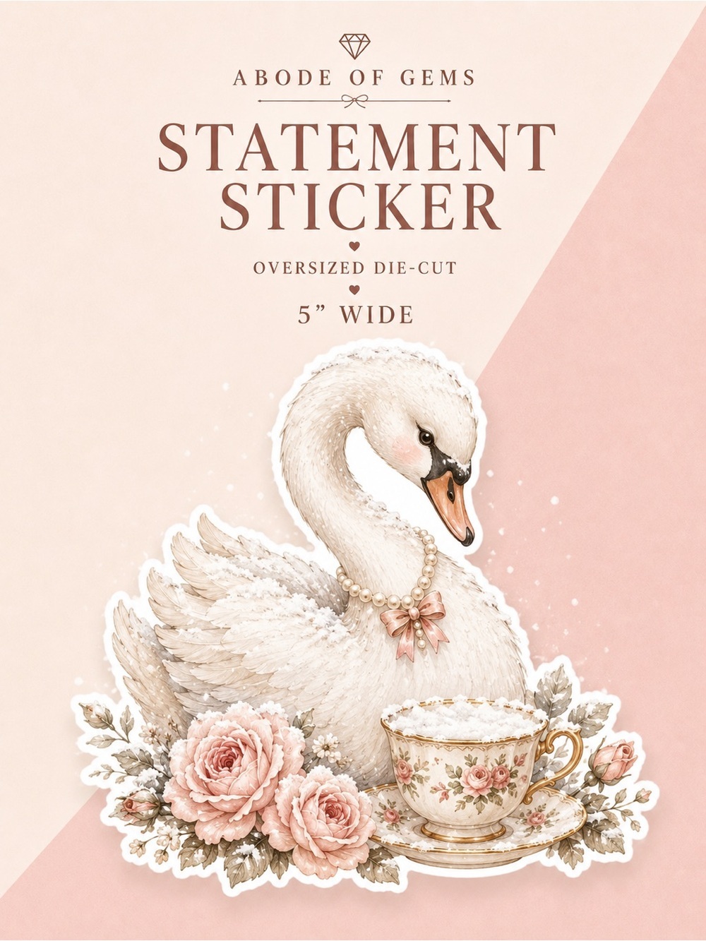 🆕 2/$18 💌 Vintage Swan Floral Cup Oversized Sticker 5” Die-Cut